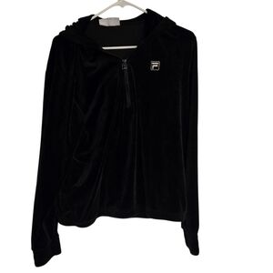 Fila Black Velour Pullover Hoodie Long Sleeve 90s Large Soft Vintage 3/4 Zip
